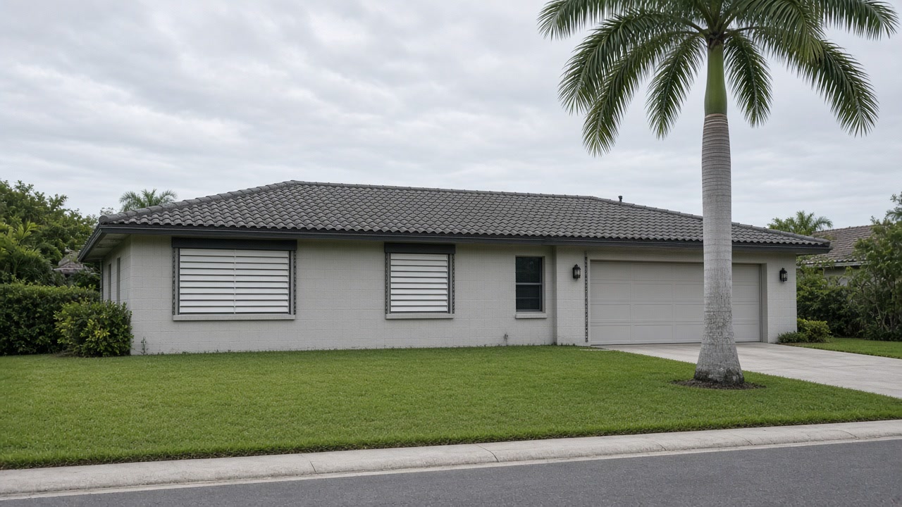 Single-story South Dade stucco ranch with barrel tile roof, shutter tracks, and a royal palm
