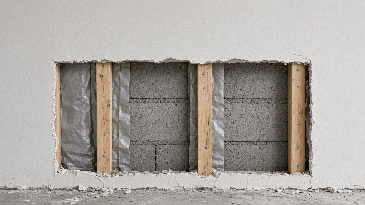 Opened drywall at an exterior wall exposing wood furring on concrete block
