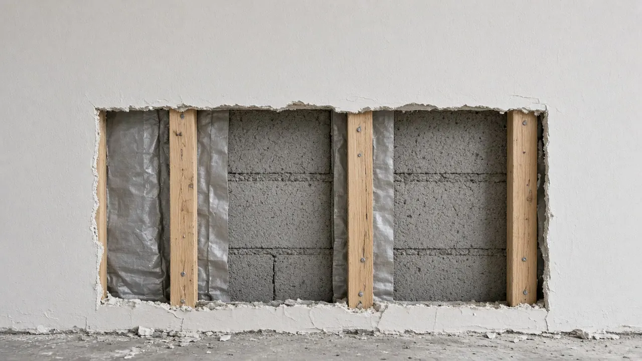 Square hole cut in a painted wall showing concrete block, wood studs and foil-faced insulation