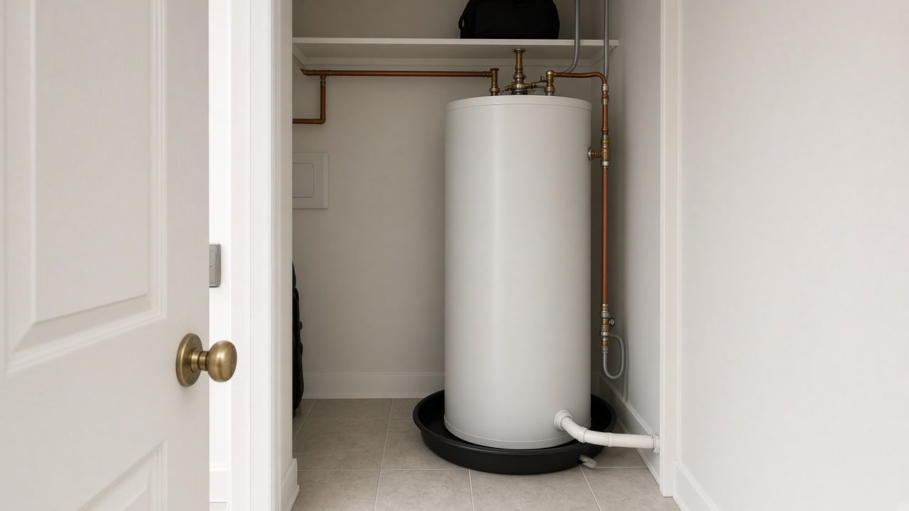 Electric water heater in a condo closet on a plastic drain pan with the door open