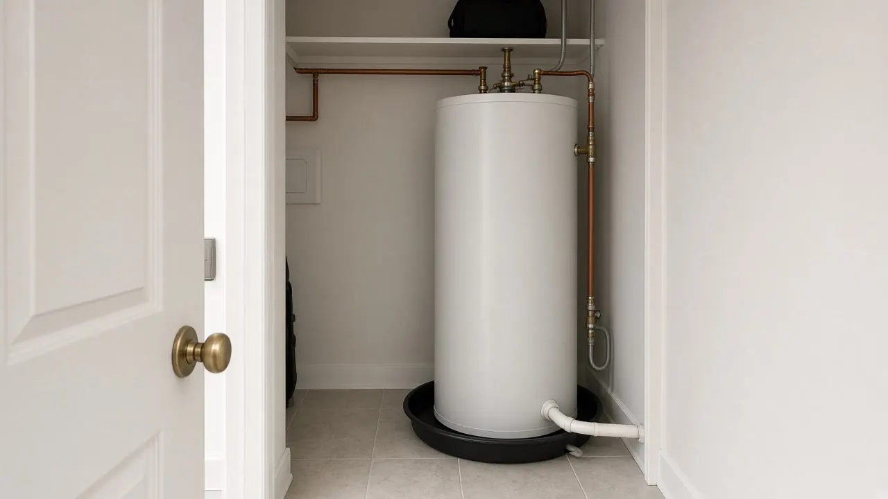 Water heater in a closet with a drain pan, copper pipes and a white drain line beside a paneled door