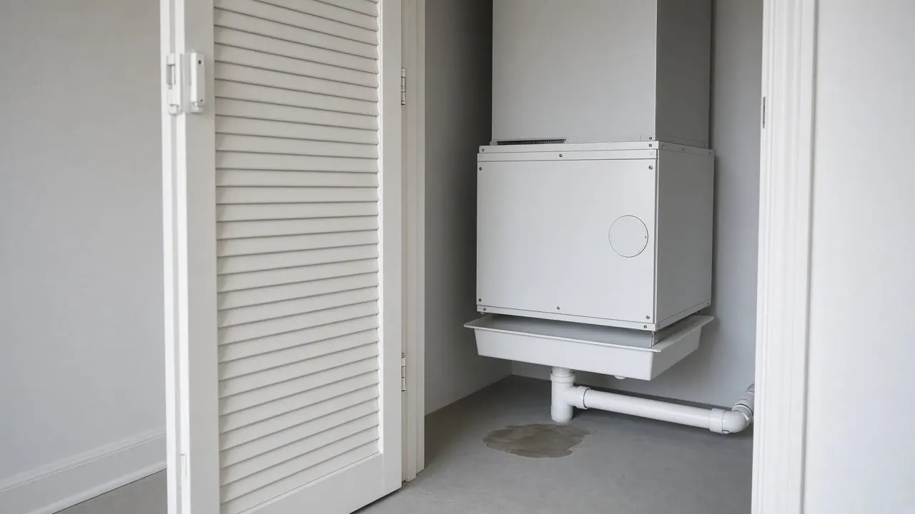Louvered closet door open on an air handler with a condensate drain pan, a white pipe and a small damp patch on the floor