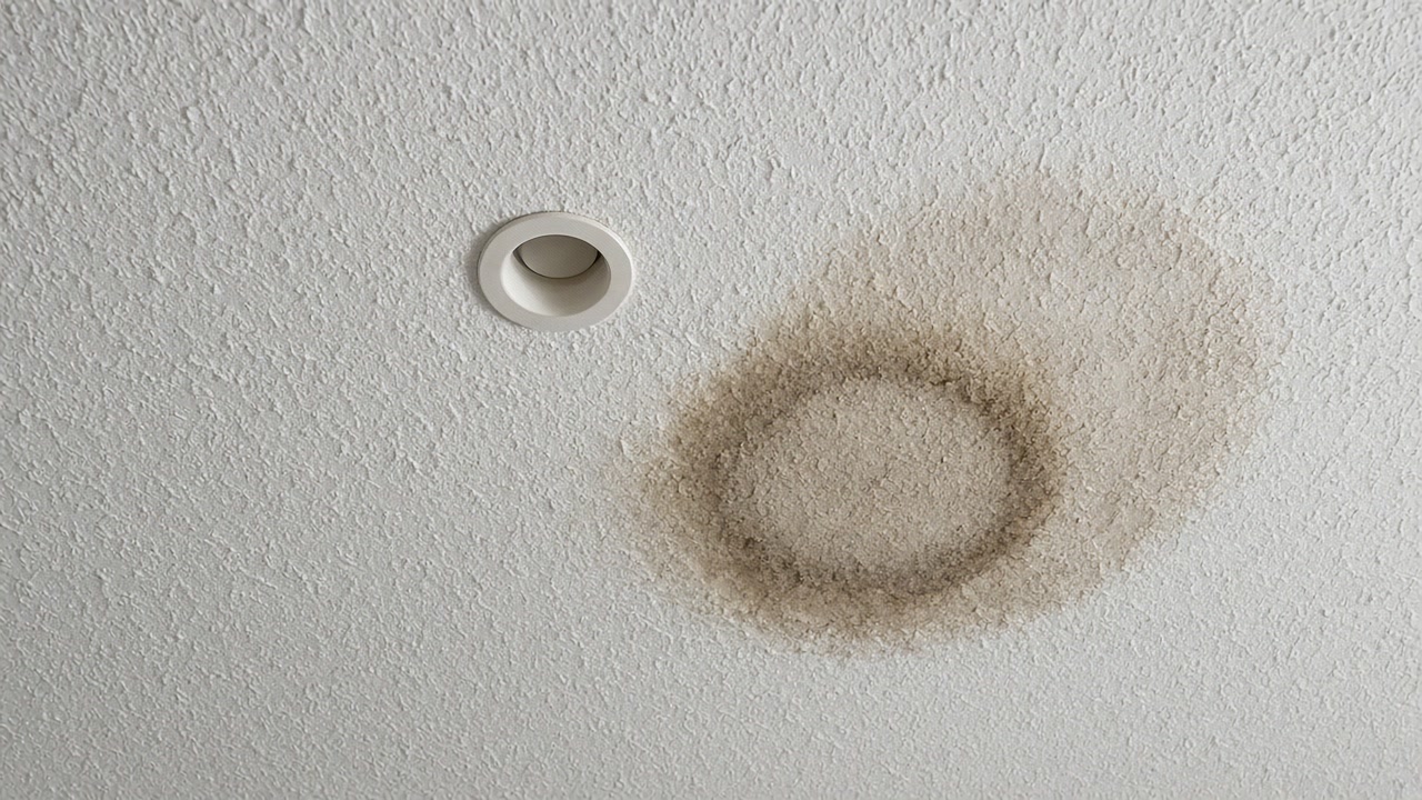 Knockdown ceiling with a brown ring water stain beside a recessed light