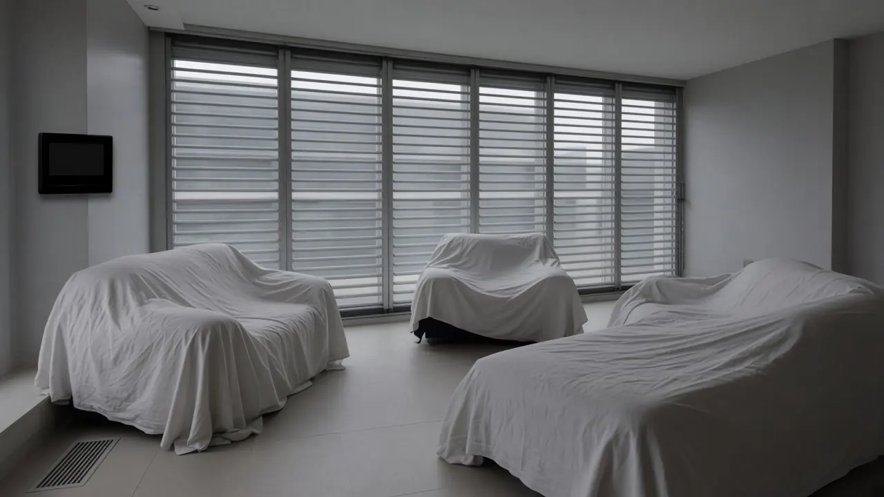Furnished living room with sofas covered with drop cloths and gray storm shutters closed over a wall of windows