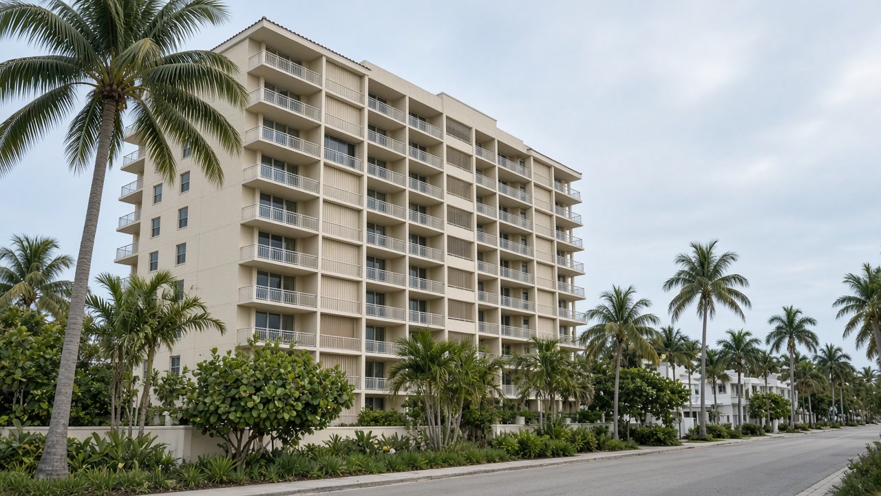 Cream mid-rise Miami-Dade condo with open balconies and palm trees under an overcast sky