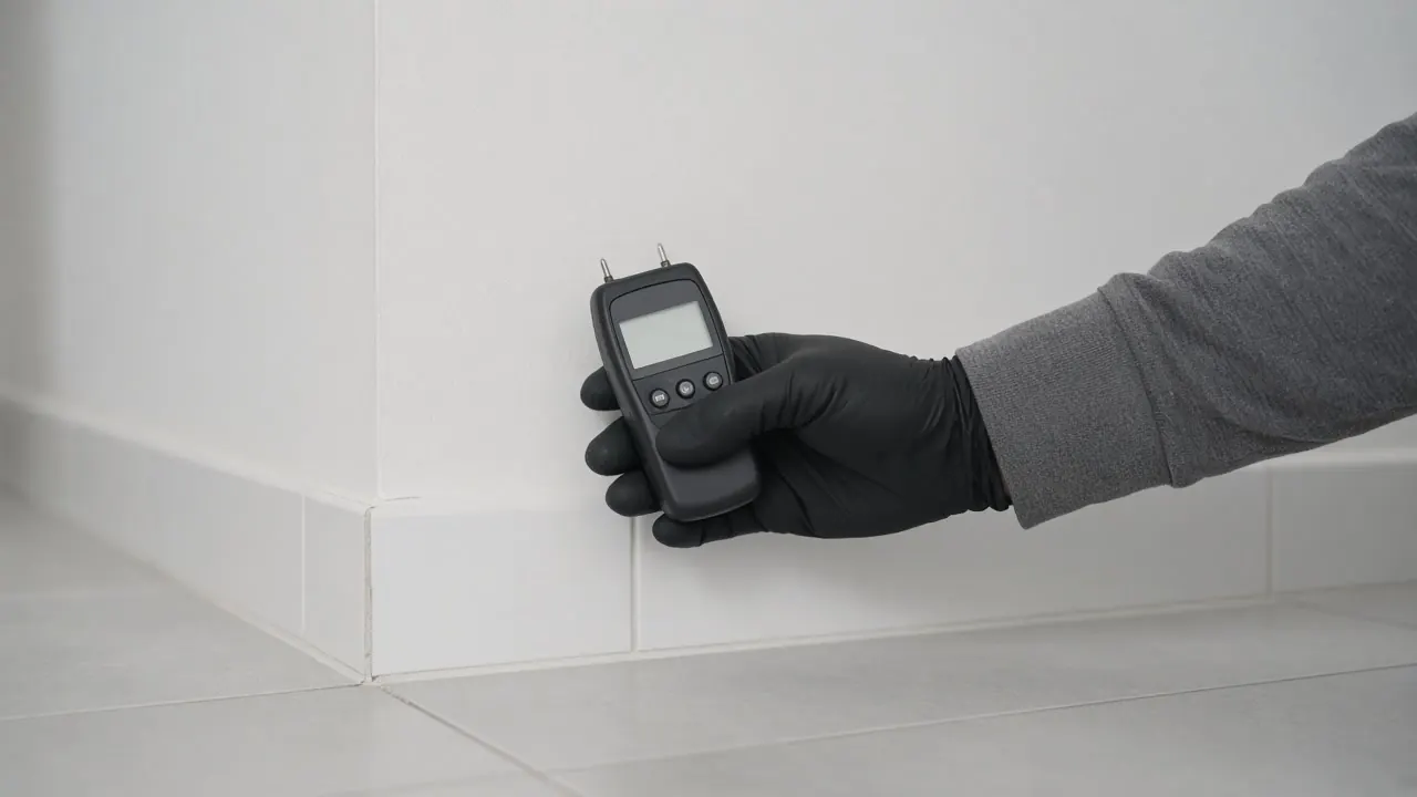 Gloved hand holding a moisture meter against a white wall above a tiled floor