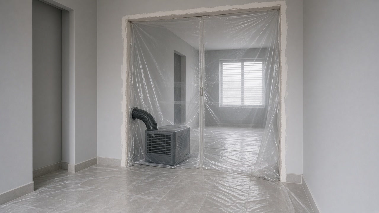 Clear poly containment sealed across a hallway opening with a negative-air duct through it