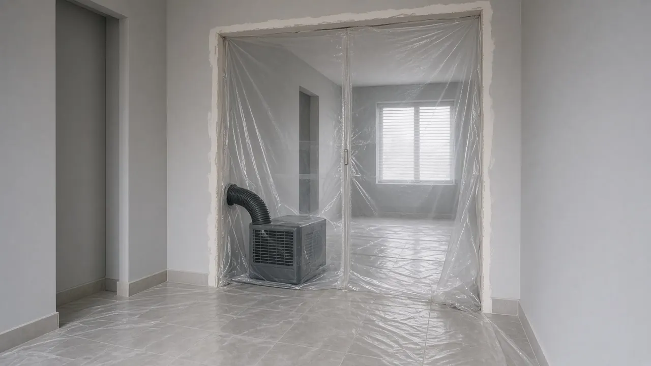 Plastic sheeting sealing a doorway, with a duct and air scrubber running inside an empty room