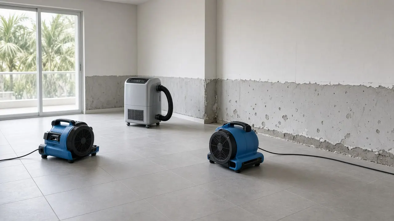 Two blue air movers and a dehumidifier on a tile floor in an empty room, damp wall damage behind them and a balcony window